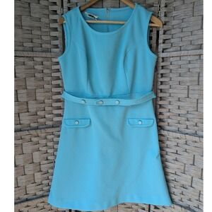 Vtg 60s Jonathan Logan Mod Turquoise Blue Fit & Flare Sleeveless Dress ILGWU